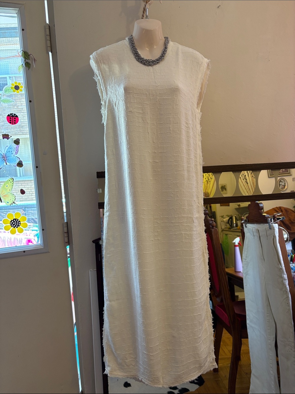 Zara Off-White Textured Sleeveless Maxi Dress. Viscose